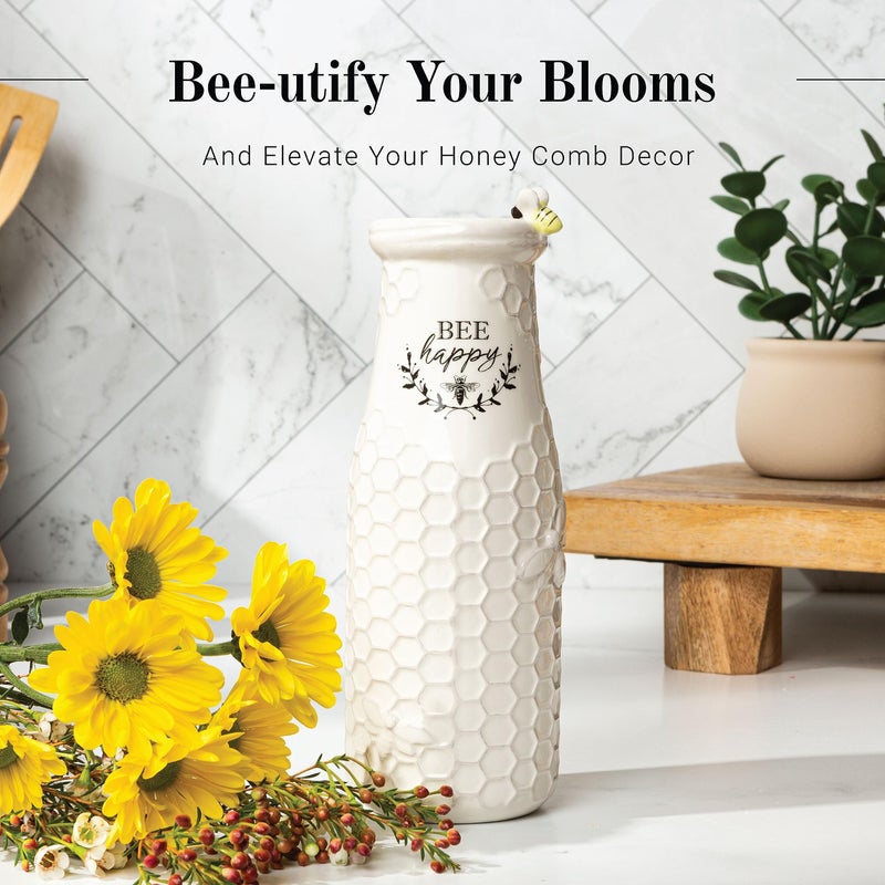 Young's Inc. Ceramic Flower Vase (Bee Happy) - White Ceramic Vase - Honeycomb Decor - 3" L x 3" W x 8" H Contains one Flower vase - Image 2